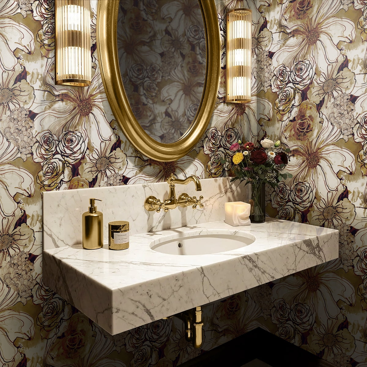 Harry & Grace Metallic Bronze & Wine Ink Rose Peel and Stick Wallpaper - 20.5 in. W x 18 ft. L Roll