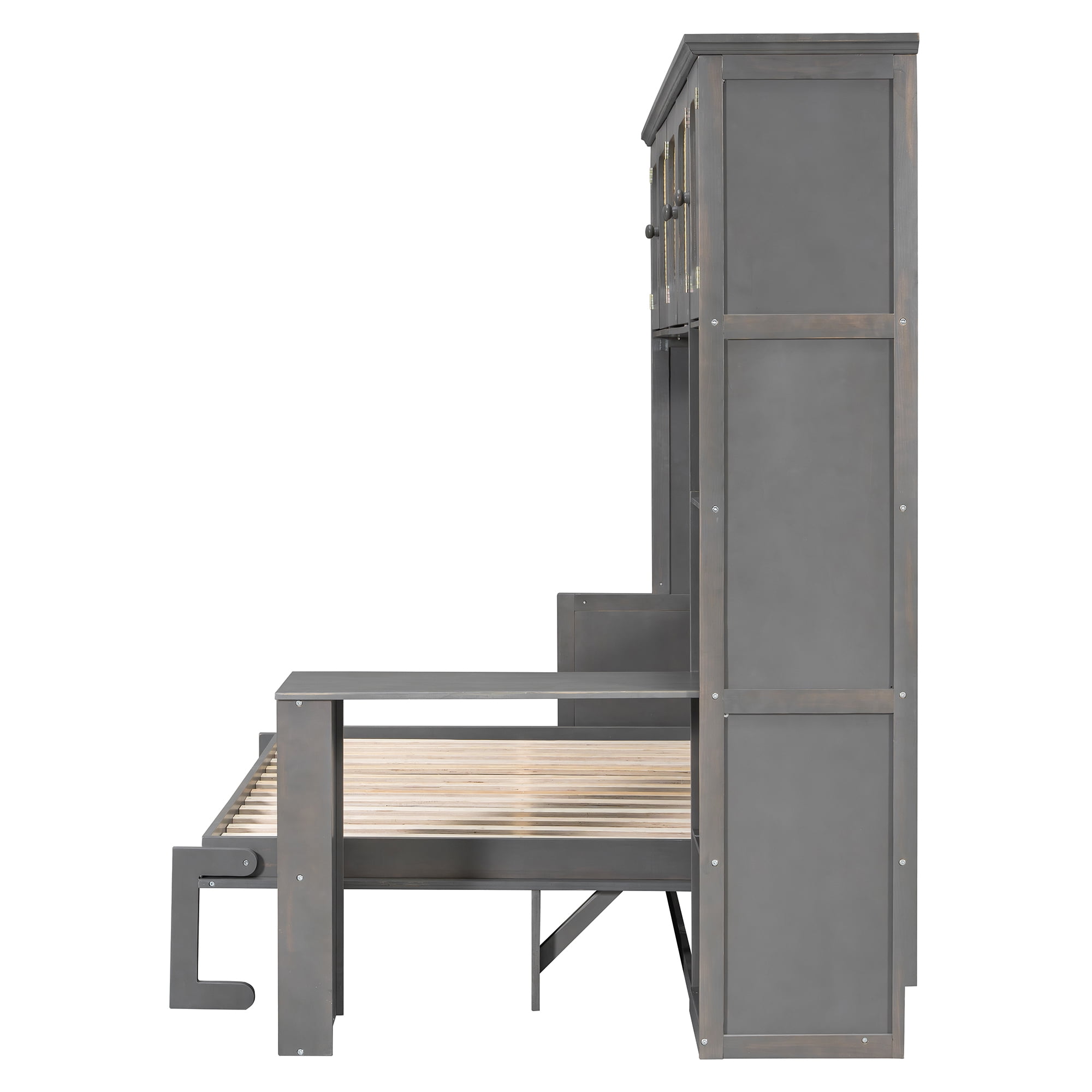 Full Size Murphy Bed with Writing Desk and Rattan Cabinets and Open Shelves for Small Space, Guest Room