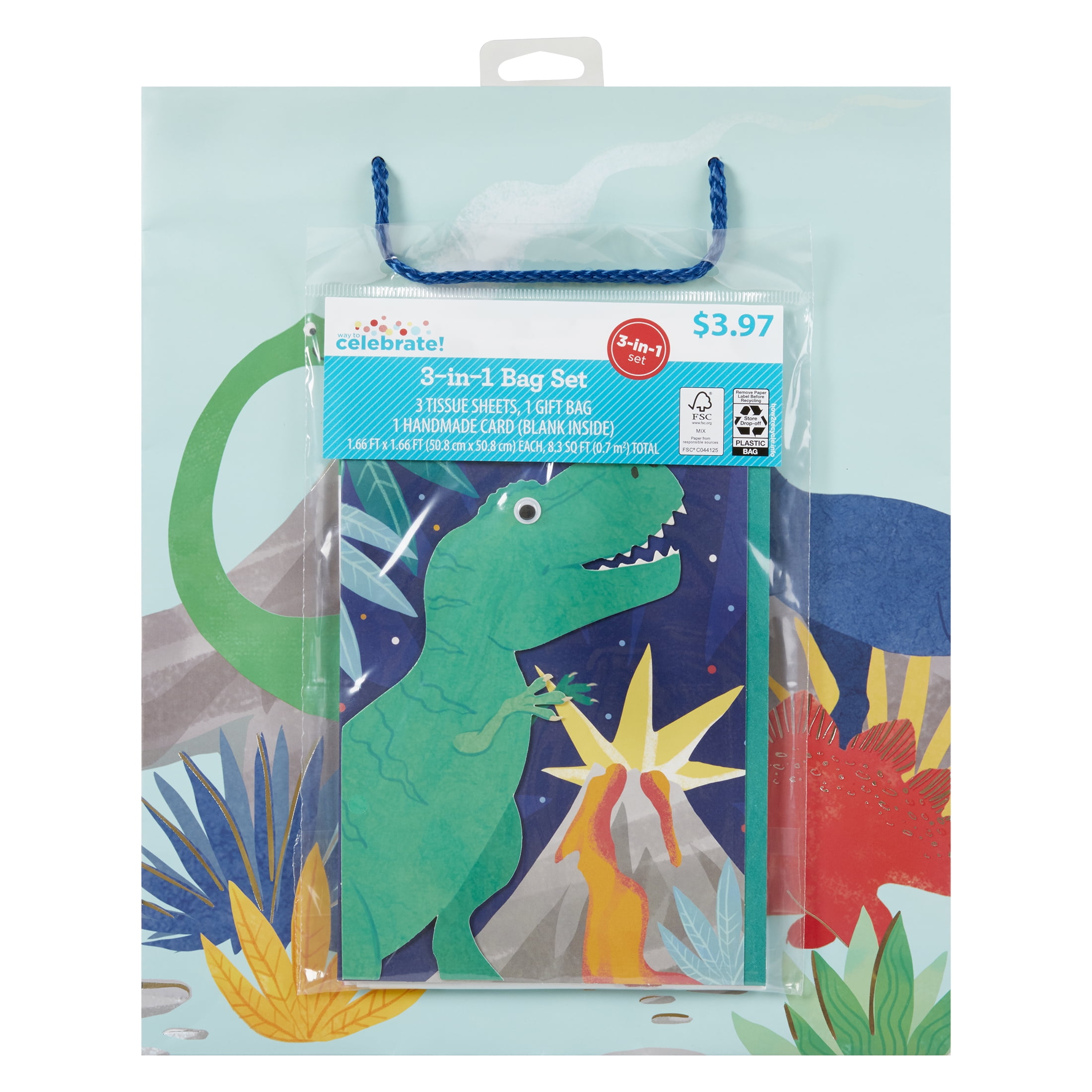 Way to Celebrate, 3 Piece Set, Gift Bag, Gift Tissue and Greeting Card, Dinosaur