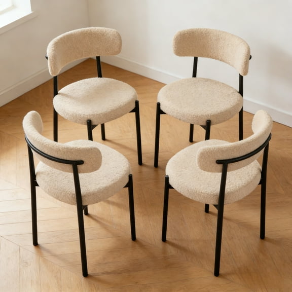 Medieval Modern Dining Chair Set of 4, Round Seat Cushions Black Metal Legs Curved Back, for Restaurants Dining Rooms Kitchen Home, Easy to Assemble, Beige