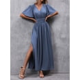 thumbnail image 3 of Dusty Blue V-Neck Butterfly Sleeve High Slit Maxi Dress For Women, 3 of 7