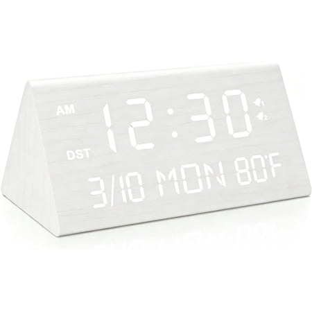 Wooden Digital Alarm Clock, 0-100% Dimmer, 2 Alarm Settings, Weekday/Everyday Mode, 9 Mins Snooze, 12/24H, Temperature and Date Display for Office, Travel, Bedroom Alarm Clock (White)