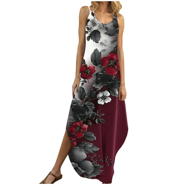 KIHOUT Robes d'Été pour Femmes Mode Dos Nu Sans Manches Col en V Ourlet Fendu Imprimé Maxi Robe Multicolore L