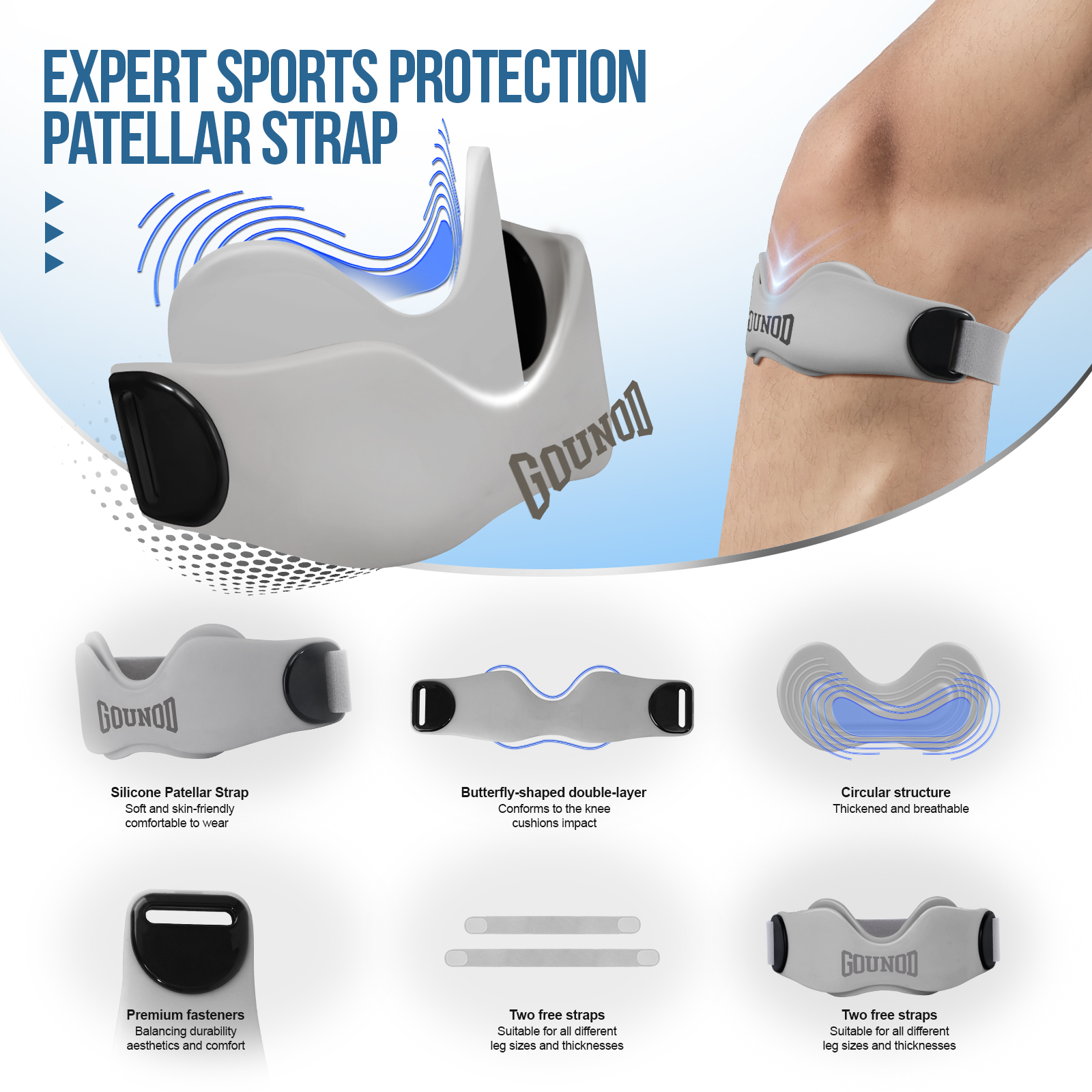 GOUNOD Patellar Tendon Support Strap 2 pack, Adjustablle Anti-Slip Knee Wrap, Unisex Knee Support for Running Cycling