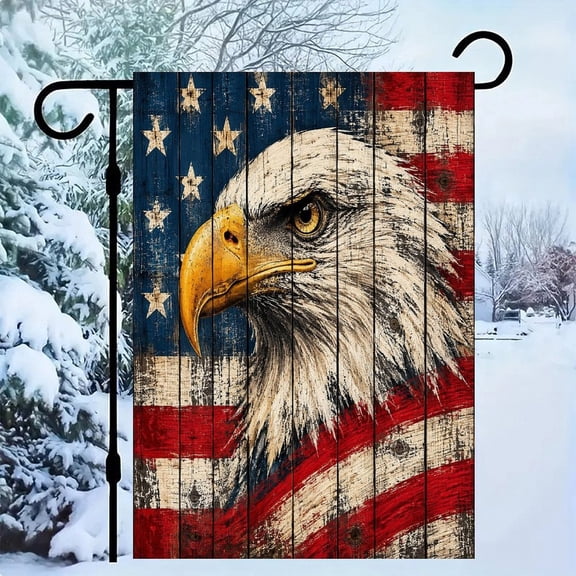 RKSupls Patriotic Linen Double Sided Garden Flag, Independence Day Themed Yard Decor, Eagle Fence Wood Flag Rustic Outdoor Banner for Holiday Lawn