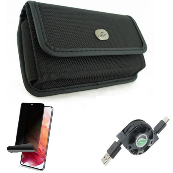 Privacy Screen Protector & USB Cable & Case Belt Clip for Samsung Galaxy S22 (6.1") - TPU Film Fingerprint Works & Retractable Type-C & Rugged Holster Accessory Bundle