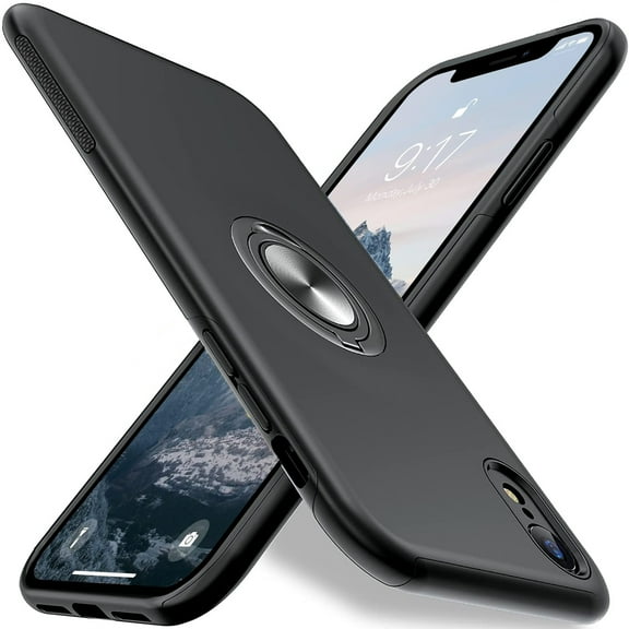AIOVETEAB for iPhone XR Case,Silky Soft Touch Heavy Duty Protective Cover with Ring Holder Kickstand Magnetic Phone Case,Black
