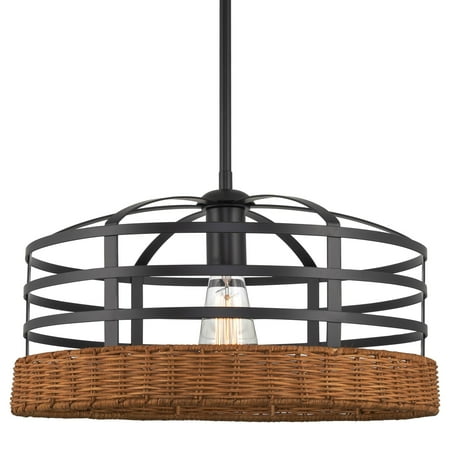 

Kira Home Thatcher 16 1-Light Farmhouse Pendant Chandelier + Wire Cage Shade Brown Wicker Accents + Black Finish