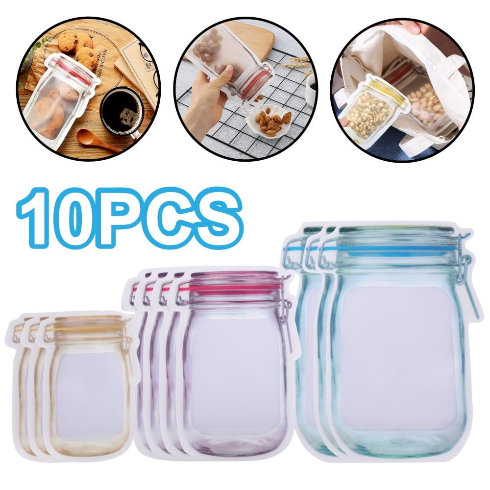 10PCS Reusable Mason Jar Bottles Bags Food Storage Snack Sandwich Zipper Kitchen 