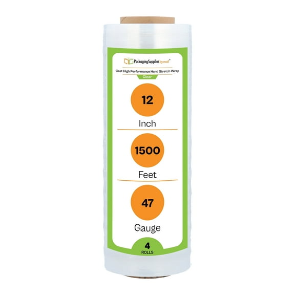 PSBM Hand Stretch Wrap 12" x 1500' 4 Rolls 47 Gauge Clear Plastic Shrink Film for Moving Packing and Wrapping