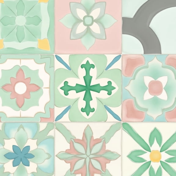 Mexican Talavera Peel and Stick Wallpaper Floral Geometric Tile Pastel Mint Green Blush Pink Wall Mural 23.6in x 9.8ft Self Adhesive Removable Wall Paper Renter Friendly Wallpaper for Bedroom