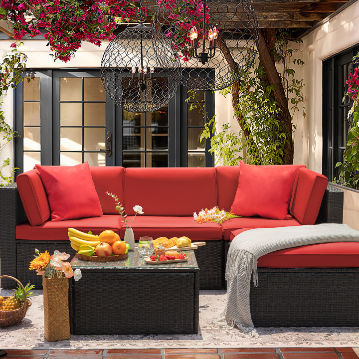 Lacoo 5 Pieces Patio Sectional Sofa Sets All-Weather PE Rattan Conversation Sets With Glass Table, Red - image 4 of 8