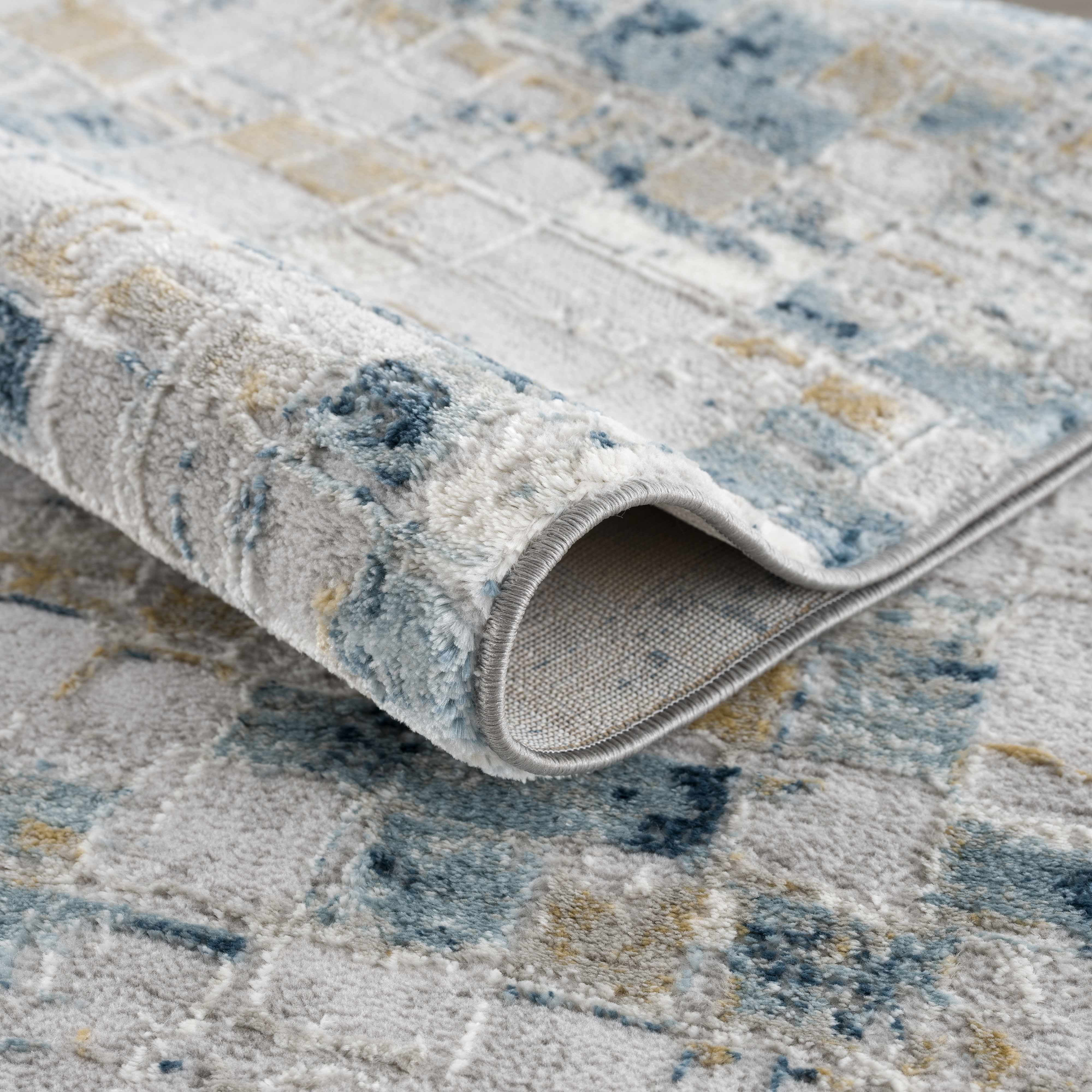 Hauteloom Liverpool Modern Abstract Bedroom Living Room Small Area Rug - Square Tile Carpet - Contemporary Bohemian Farmhouse - Blue, Grey, Brown, Off White - 2' x 3'