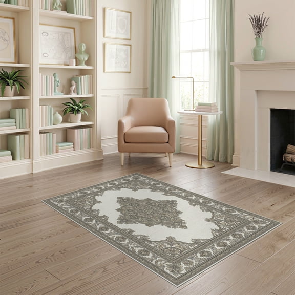 ODIKA Beige Dining Symmetrical Textured Taupe Intricate Traditional for Dorm Room, Small Living Apartment, Stain Resistant Low Profile