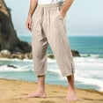 thumbnail image 1 of WTOBBY Men's Cotton Linen Cropped Beach Pants for Summer Vacation, Elastic Drawstring Waist with Quick-Dry Fabric and Comfortable Design for Swimming and Outdoor Activities ,Khaki L, 1 of 2