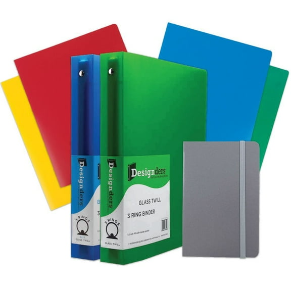 JAM Back To School Assortments, Gray, Heavy Duty Folders (4), 1.5 inch Binders (2) & a Gray Journal (1), 7 Items Total