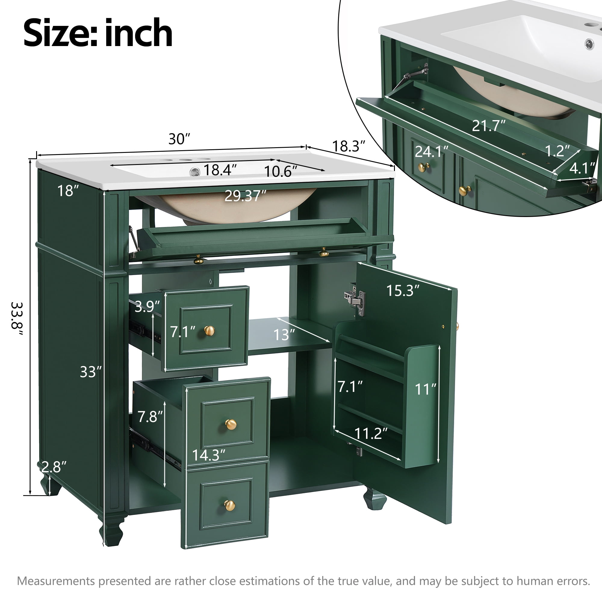 Euroco Bathroom Vanity Cabinet with Ceramic Sink Basin, 30 Inch, Storage Cabinet with Soft Close Doors and Door Organizer