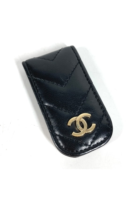 Pre-Owned CHANEL CC Coco Mark Logo V-Stitch Wallet Money Clip Leather Men's Women's Black