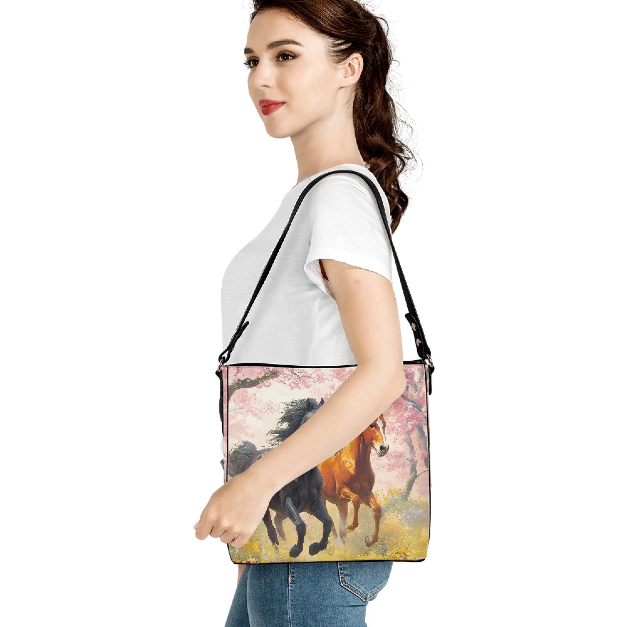 Kuiaobaty Horse Print Bucket Crossbody Bag for Women Lady, Cherry Blossom Print Vegan Leather Bucket Tote Bag with Adjustable Strap, Lightweight Hobo Satchel Purse Crossbody for Travel