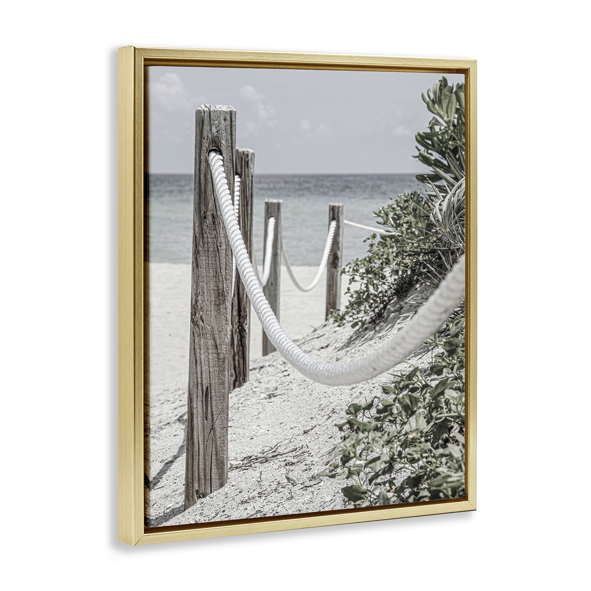 Stupell Industries Rope Fence Beach Landscape Photography Gold Floater Framed Canvas Art Print Wall Art, 17 x 21