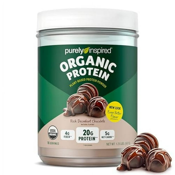 Proteína en polvo a base de plantas Purely Inspired para hombres y mujeres, rico chocolate decadente (16 porciones) - Vegano y orgánico - 20 g de proteína de guisante en polvo para batidos y batidos -