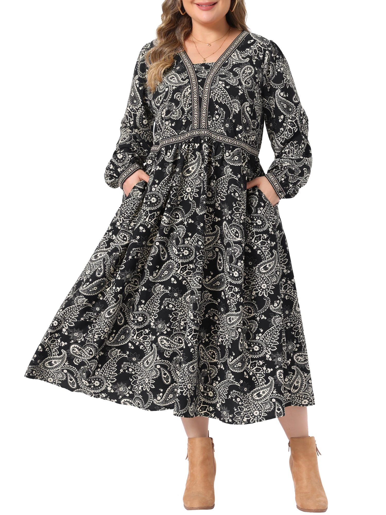 Agnes Orinda Women's Plus Size Floral Dress Curvy Square Neck Smocked Back Ruffle Sleeve Summer Maxi Dresses 2X Black, Size: 2XL