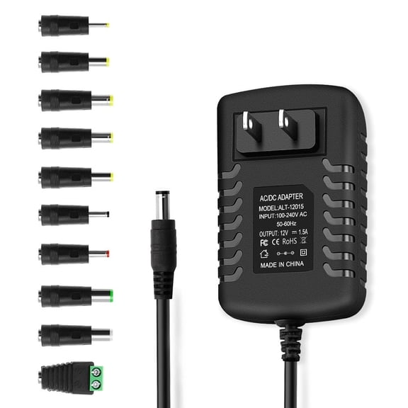 LujingZ DC 12V 1.5A Switching Power Supply - 100 - 240V AC to DC, 18W with 5.5mm x 2.5mm Plug & 10 Extra Tips