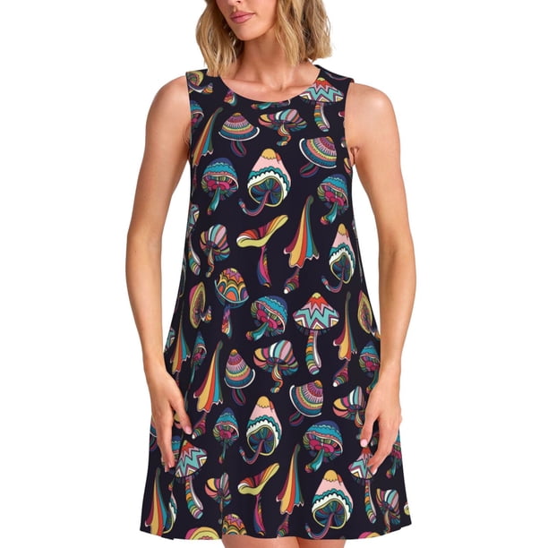 Easygdp Colorful Mushrooms in Doodle Style para Vestido Transpirable de Mujer, Vestido Suelto de Manga Corta con Pliegues y Bolsillos para el Verano