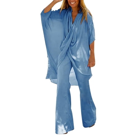 CILENON Women s Travel Outfits 2 Piece Outfits for Women 2024 Summer Short Sleeve Wrap V Neck Tops Wide Leg Pants Set Womens Sweatsuits 2 Piece Set Airplane Travel Outfits for Women (Blue XL)