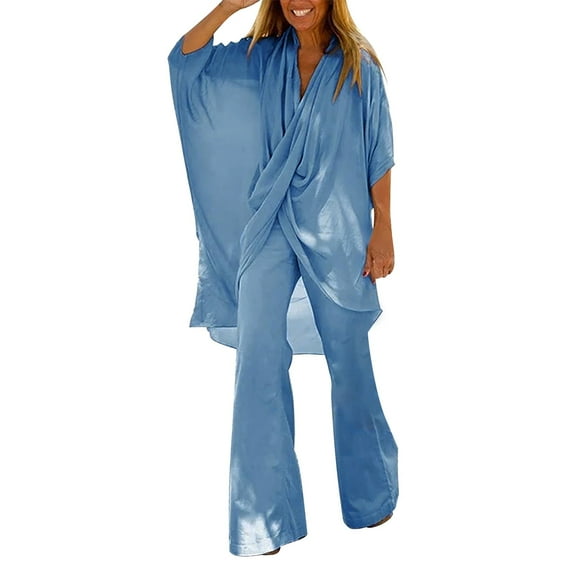 CILENON Conjuntos De 2 Piezas Para Mujer 2 Piece Outfits for Women 2024 Summer Short Sleeve Wrap V Neck Tops Wide Leg Pants Set Casual Outfits for Women Plus Size Sets Travel Outfit(Blue,XXXXL)