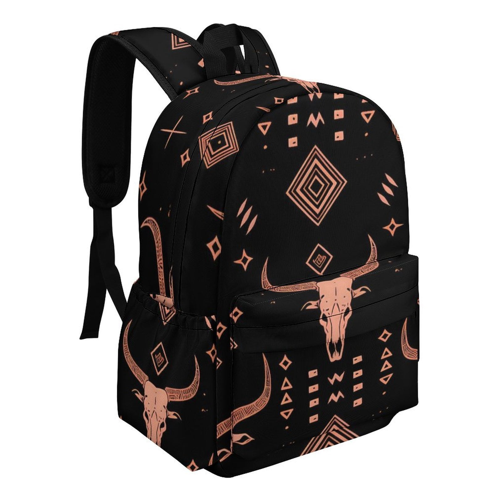 Large Capacity Half Print Backpack 11.8×16.5×5.9in Multifunctional Zipper Design Convenient Switch Bohemian Cow Skull