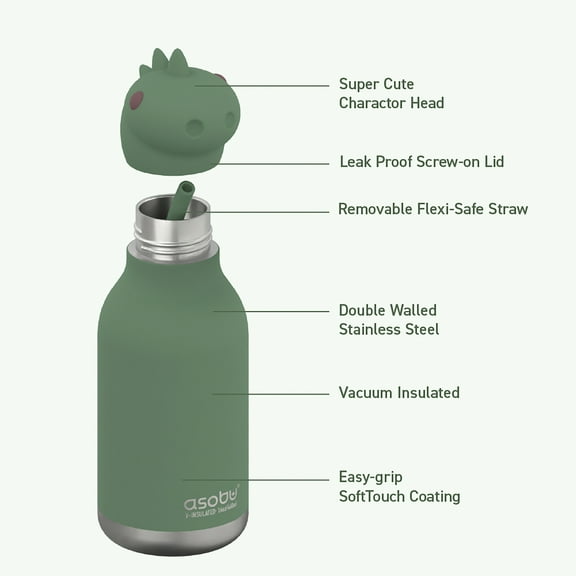 ASOBU 16-Oz. Bestie Bottle Insulated Stainless Steel Water Bottle with Reusable Flexi Straw (Dinosaur), SBV44DI