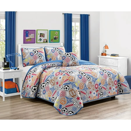 New Football Ball - Fancy Linen 3pc Twin Bedspread Set Sport Soccer Football Basketball Baseball Gray Blue New