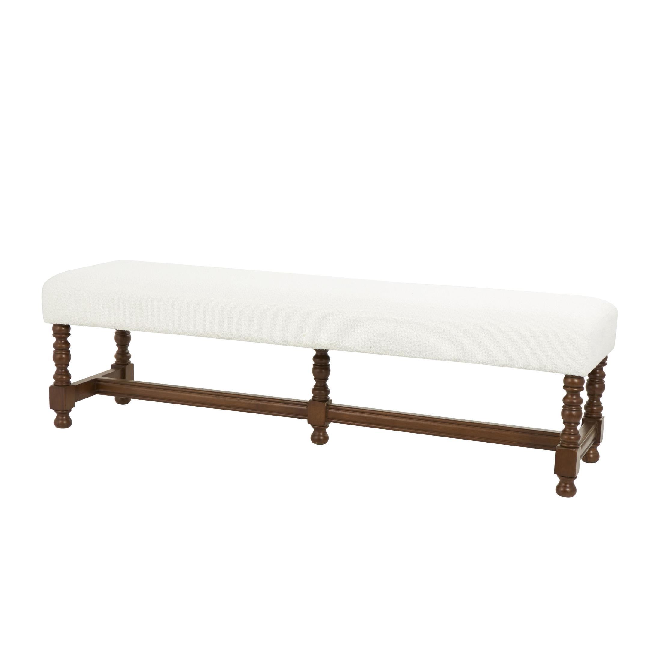 DecMode Fabric Bench with Brown Traditional Wood Turned Legs, Cream