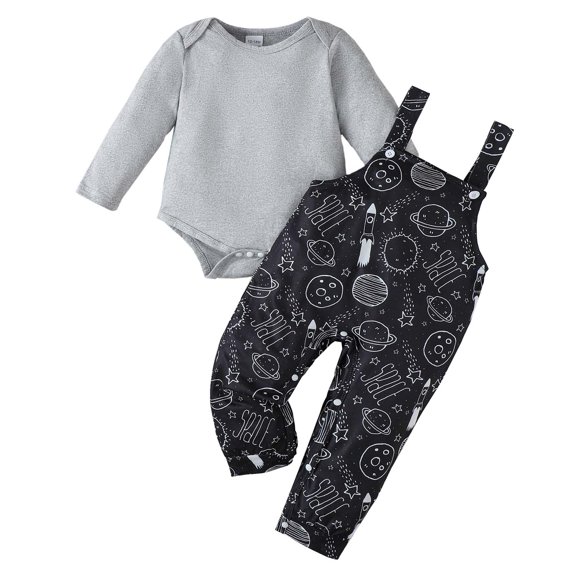 Kucnuzki Newborn Baby Boys Outfit Set 6-12 Months Winter Clothes Long Sleeves Romper Solid Colot Pullover Top Rockets Print Suspender Pants Sets 2pcs Warm Clothing Gray