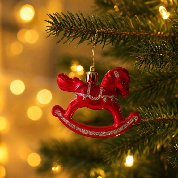 Kokovifyves 3Pcs Christmas Ornaments Set 8cm Shiny Metallic Glitter Rocking Horse Baubles for Xmas Tree Holiday Wedding Party Decor