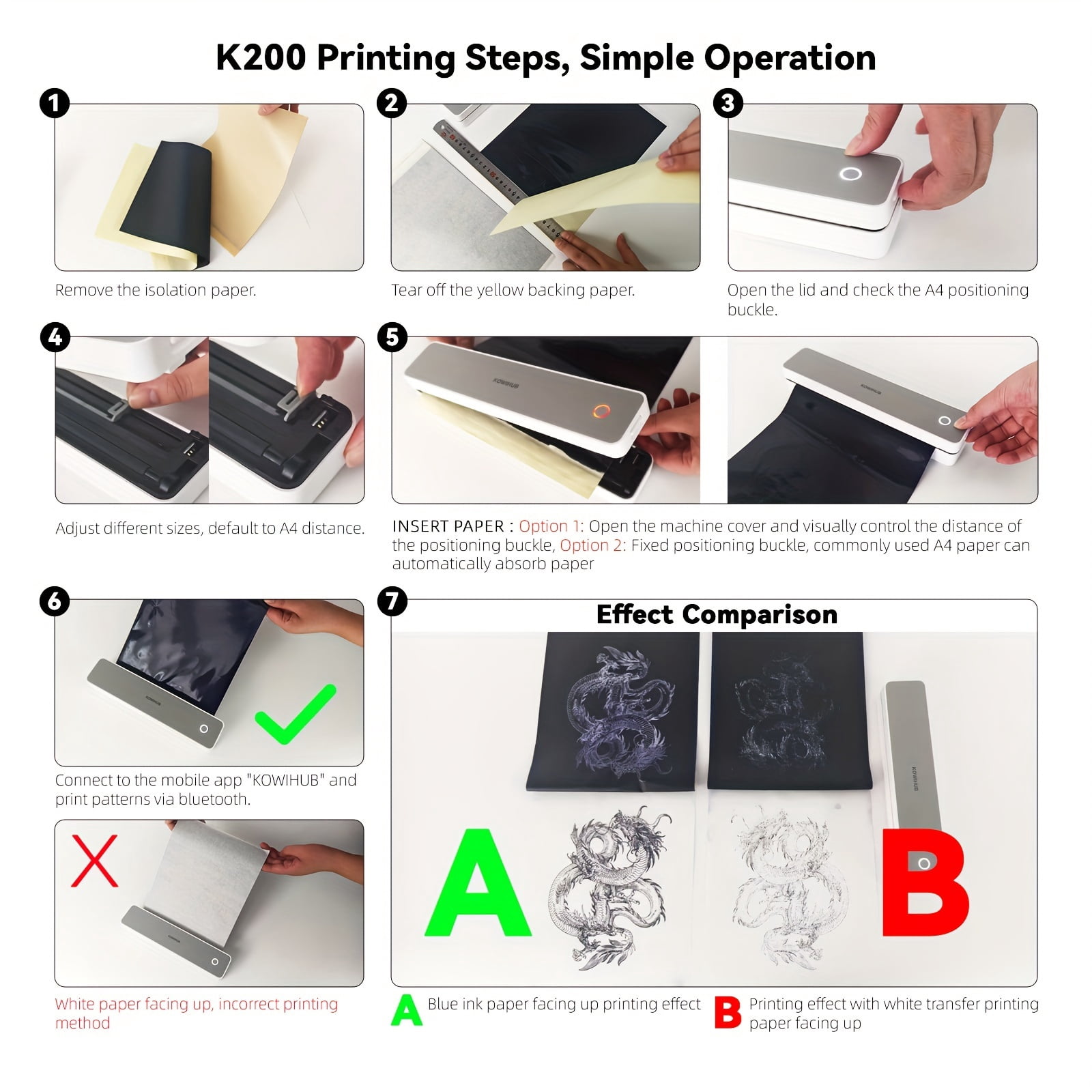 K200 Wireless Thermal Tattoo Printer Tattoo Transfer Printer Mini Portable Thermal Tattoo Stencil Printer with 10pcs Tattoo Transfer Paper 10pcs A4 Paper