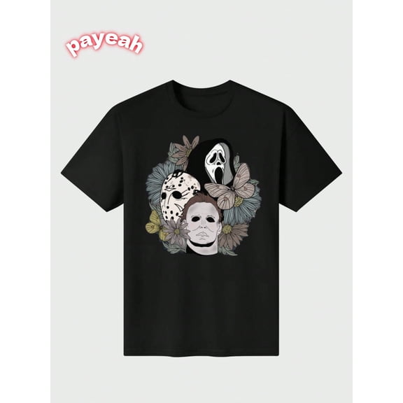 Payeah Scream Halloween Flower T-shirt Casual Digital Print pure heavy cotton Womens T-shirts 100% cotton