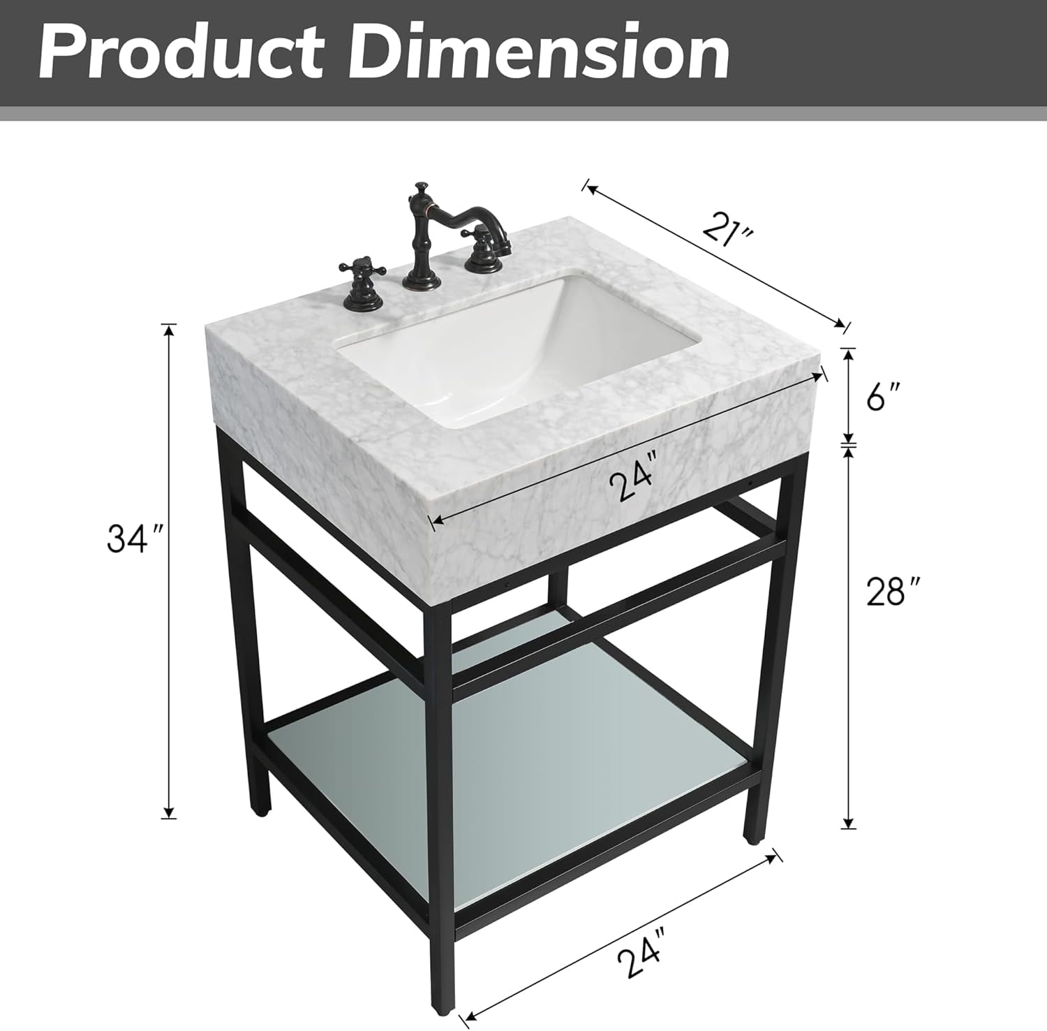 GGISHA24"x 21"Freestanding Bathroom Vanity with Sink,Carrara Marble,Black Frame,Tempered Glass Shelf