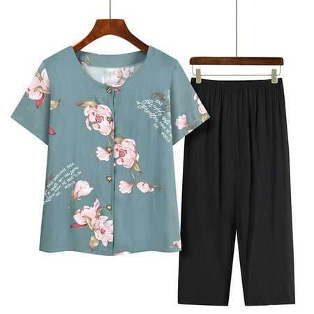 

Summer Savings HJCOMMED Women s Summer 2 Piece Outfits Women Floral Printed Button Cardigan Cotton Tops And Casual Elasticated Wide Leg Cropped Pants Two Piece Suit Comfortable Home Wear Pajamas Pink