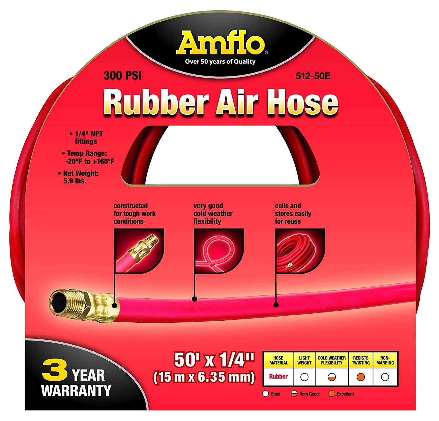 Plews & Edelmann Amflo 512-50E Red 300 PSI Rubber Air Hose 1/4" x 50' with 1/4" MNPT End Fittings — Garden & Landscape Use, Standard Connection
