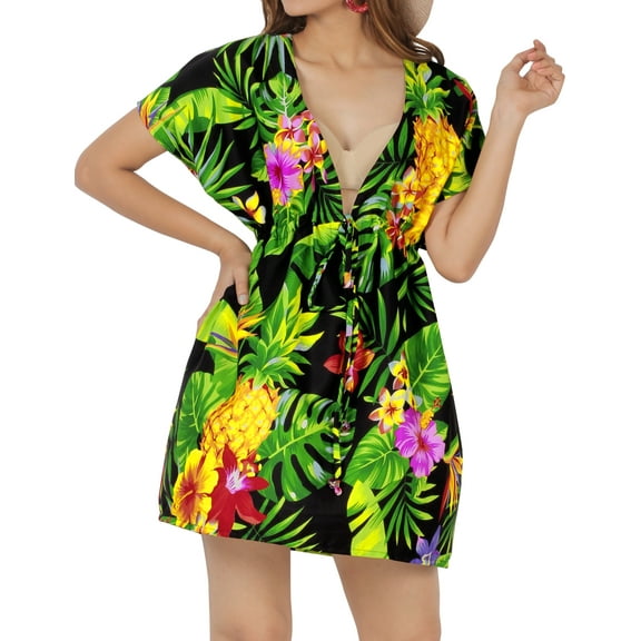 LA LEELA Women's Swimsuit Coverups Summer Cover ups for Swimwear Women Beach for Bathing Suit Bikini Dress Beachwear Dresses Cover up M-L Black, Tropical