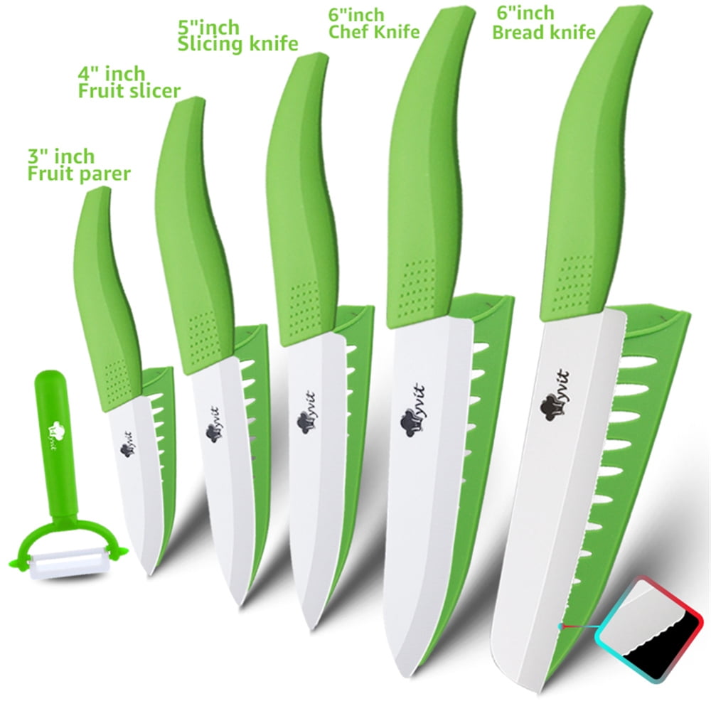 11-Piece Kitchen Knives Set with Peeler, Ceramic Knife 6-inch Serrated Bread Knife,6-inch Chef Knife, 5inch Utility Knife,4-inch Paring Knife and 3-inch Peeling Tool