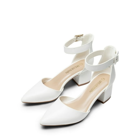

BURUDANI Women Fashion Pump Shoes Ankle Strap Pointed Toe Low Chunky Dress Shoes WHITE/PU Size 5.5