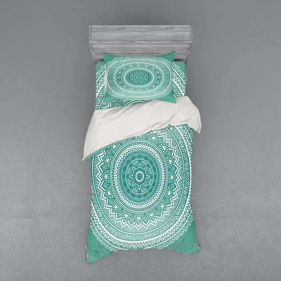 Teal Ombre Duvet Cover Set, Mandala Pattern Boho Style Floral Dots and Stripes with Petals Print, Bedding Set with Shams and Fitted Sheet, 3 Sizes, by Ambesonne