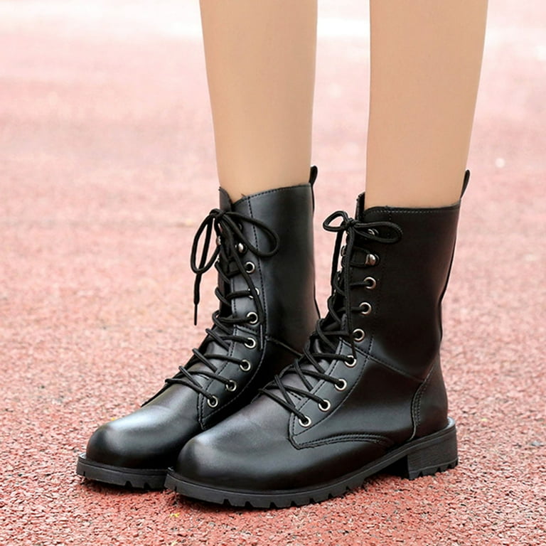 CBGELRT Black Combat Boots for Women Fashion Flat Bottom Platform Ankle Booties Leather Lace up Motorcycle Boots Shoes 38 Black Walmart