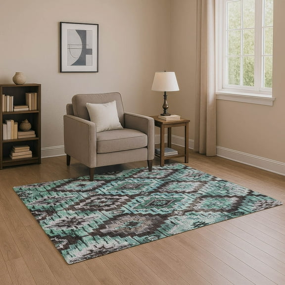 Addison Rugs Mayfield Premium Machine Washable Transitional Aztec Teal Rectangle Rug, 10' x 14'