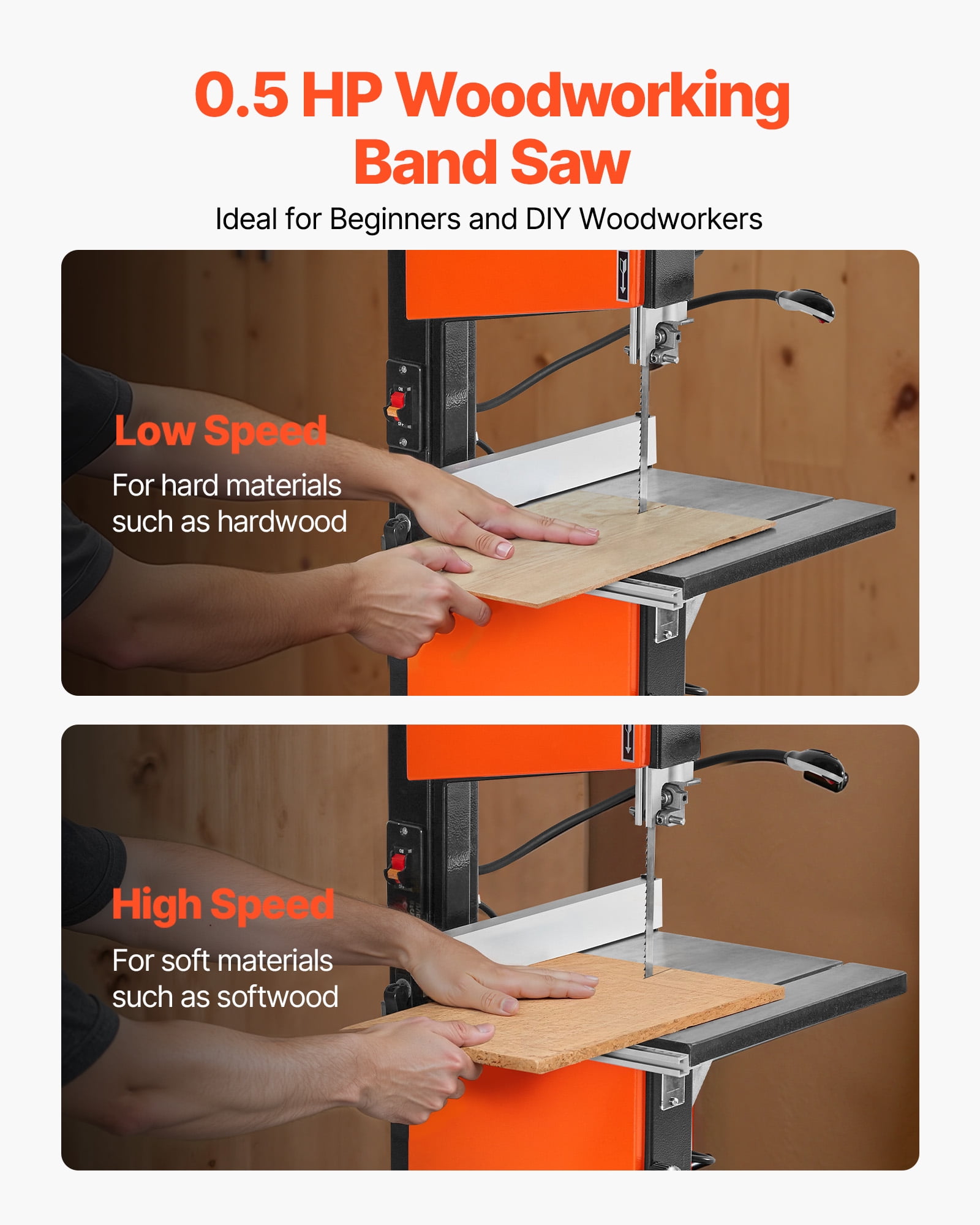 VEVOR Band Saw with Stand, 10-Inch, Two-Speed Benchtop Bandsaw, 373W 1/2 HP, 6 in Max Cutting Height, 13.2 x 13.4 in Cast Iron Table, with 360° Work Light,Miter Gauge, Fence, Band Saw for Woodworking