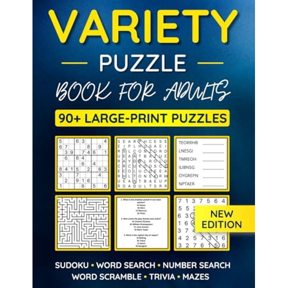 Pre-Owned Variety Puzzle Book For Adults: 90  Large-Print Puzzles Word Search, Sudoku, Word Scramble, Number Search, Trivia, Mazes