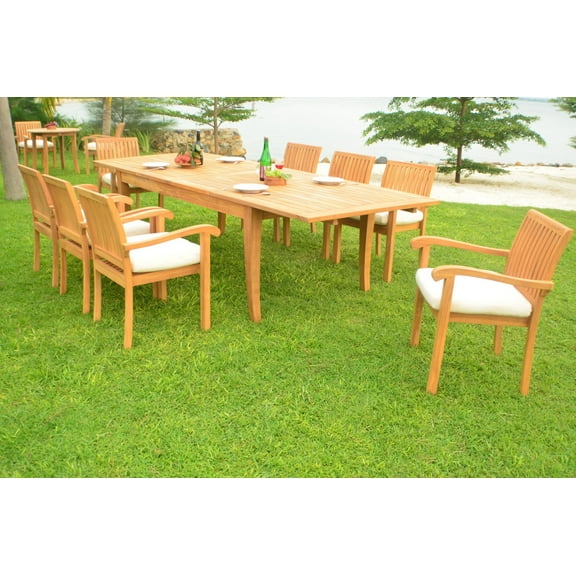Teak Dining Set:8 Seater 9 Pc Atnas 118" Premium Double Extension Rectangle Table, 8 Napa Stacking Arm Chairs Outdoor Patio Grade-A Teak Wood WholesaleTeak #WMDSNP12